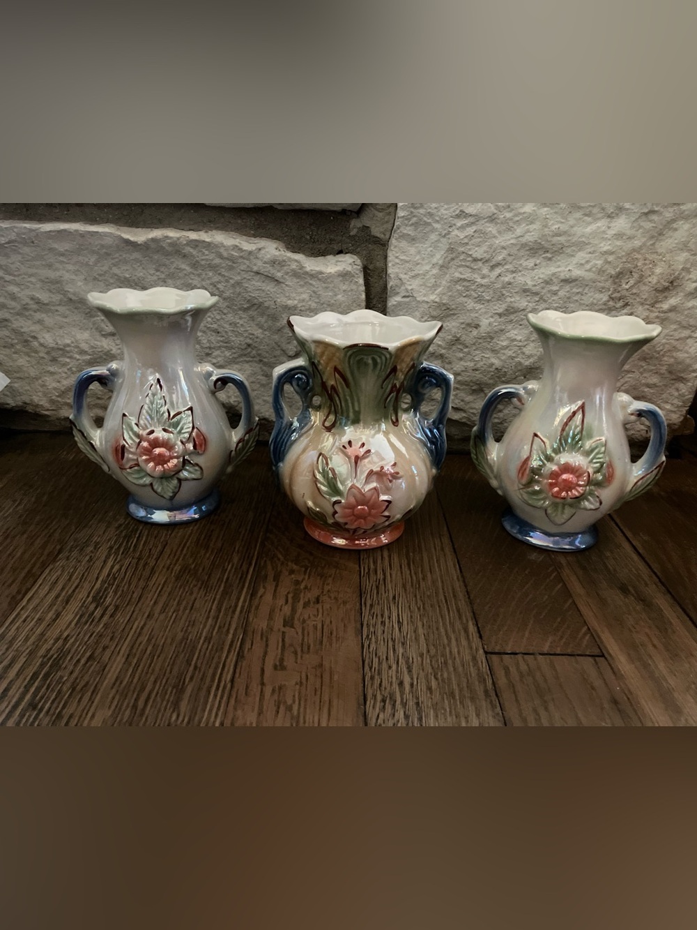 3 Vintage Lusterware Vase Art Pottery Floral Double Handle From Brazil